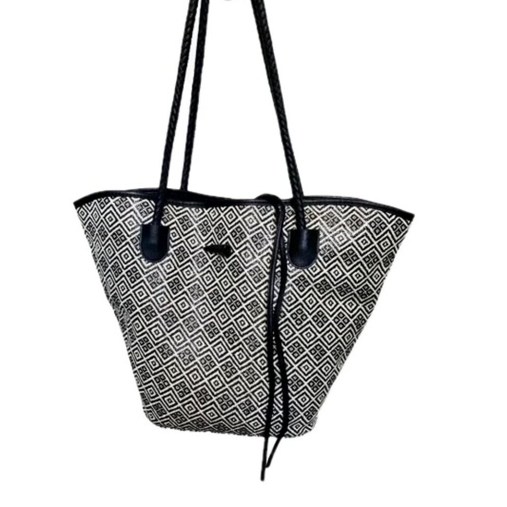 Neiman Marcus Woven Tote Black White Bucket Bag